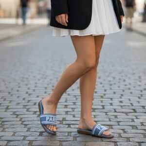 NICOLE MILLER Blue & White Paris Slide Sandals Size 10 New Without Tags/Box
